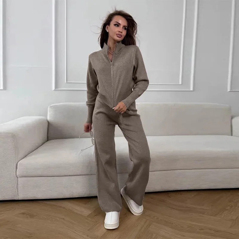 

Новый женский вязаный комплект из двух предметов с молнией и длинными рукавами: модный, удобный, дышащий, на все сезоны