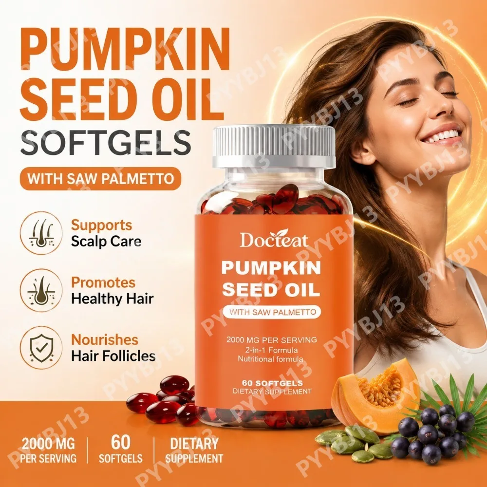 Docteat Pumpkin Seed Oil Softgels with Saw Palmetto Berry Extract for Daily Hair & Scalp Support, 2000mg/Serving, 60 Softgels