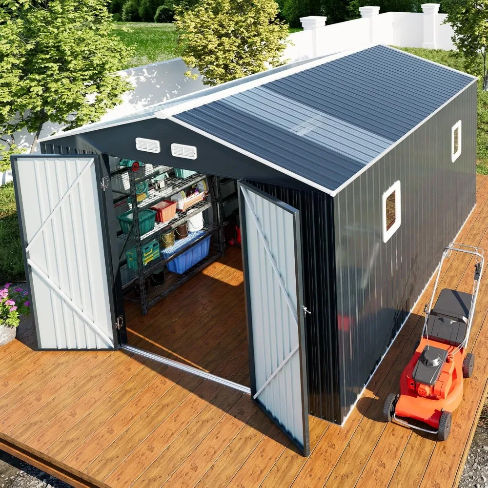 

Metal Shed, Sheds Outdoor Storage W/Reinforcement, Natural Lighting Tool Sheds W/Translucent Roof Panels and Lockable Doors