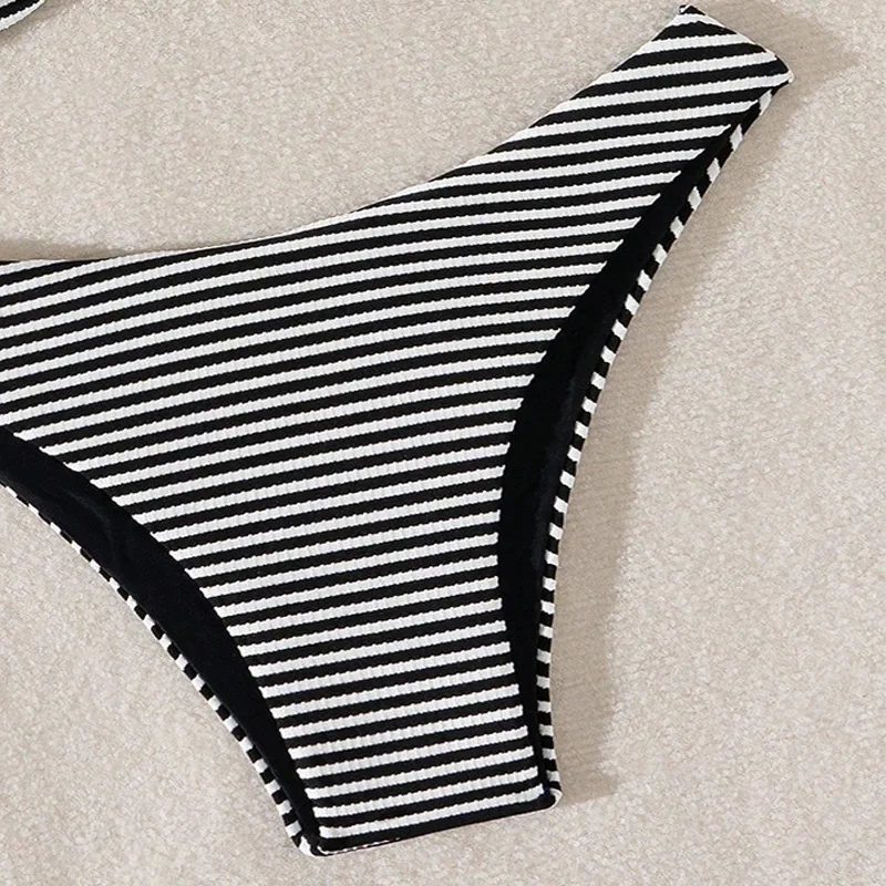 Sexy branco preto listrado com nervuras conjuntos de biquínis duas peças gravata sem costas tanga maiô maiô praia outfits biquini