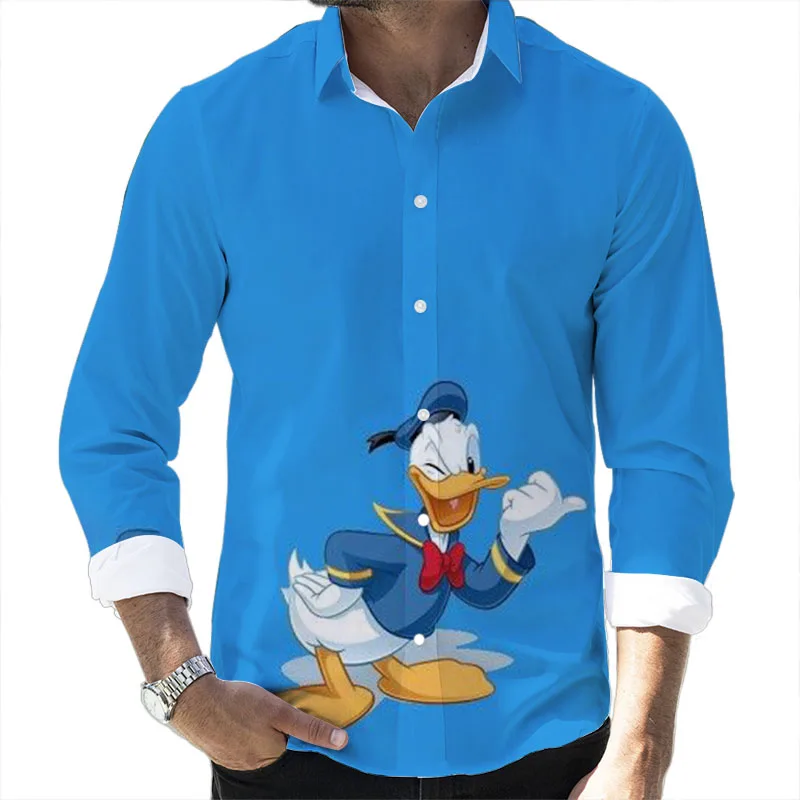 Street Style Donald Duck Cartoon 2024 Spring Harajuku New Fashion Casual 3D Printed Long Sleeve Lapel Shirt Slim Men\'s Top