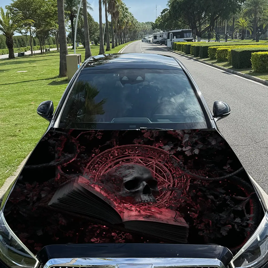 

Fantasy Dark Scarlet Skull and Book Car Vinyl Wrap, PVC Material Waterproof Car Hood Sticker, Self-Adhesive Scratch-Resistant St