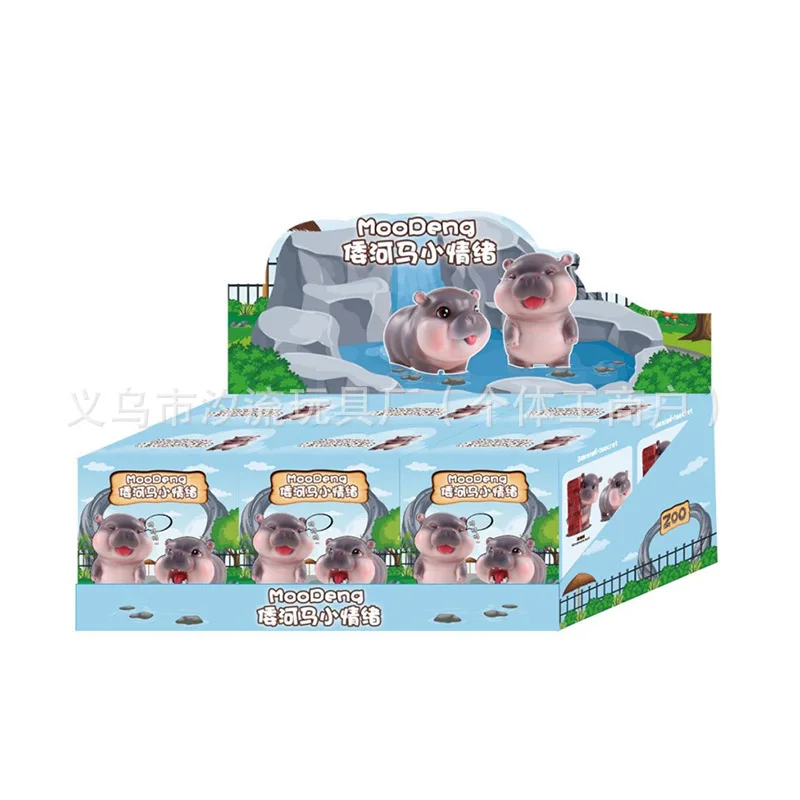 Boîte ennemi de dessin animé Moo Deng, hippopotame bébé mignon, ornement de bureau, sacs de devinettes mystères, jouets figurines d'animaux en PVC, cadeaux d'anniversaire, 1PC, 6PCs