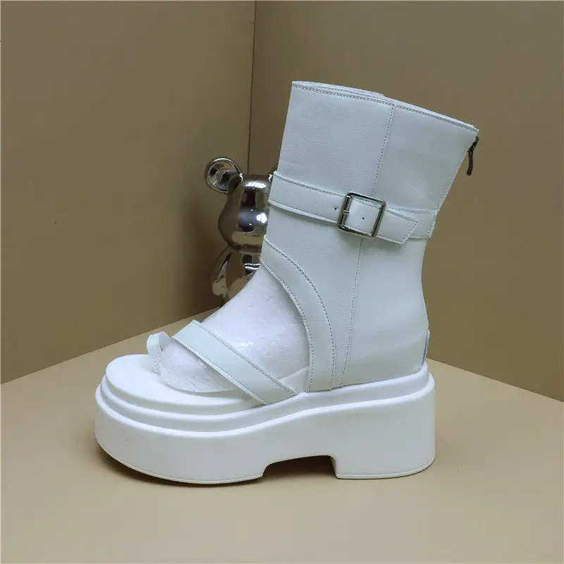 Summer New Toe Loop Gladiator Booties Women 10cm Platform Chunky Sole Retro Roman Sandals Hidden Heel Elevator Shoes Petite