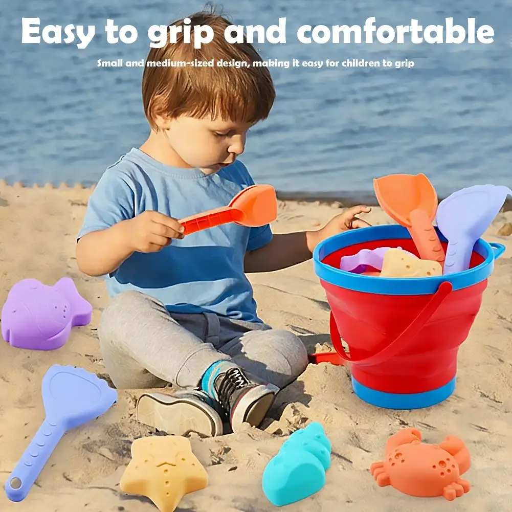 Foldable Beach Sand Toys Set Collapsible Bucket with Shovel & Molds for Sand, Snow & Water Play Portable Beach Toys for Toddlers