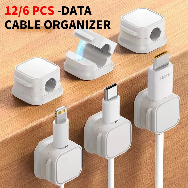 12/ 6 uds Clips de Cable magnéticos soporte de Cable ajustable suave debajo del escritorio gestión de cables organizador de cables