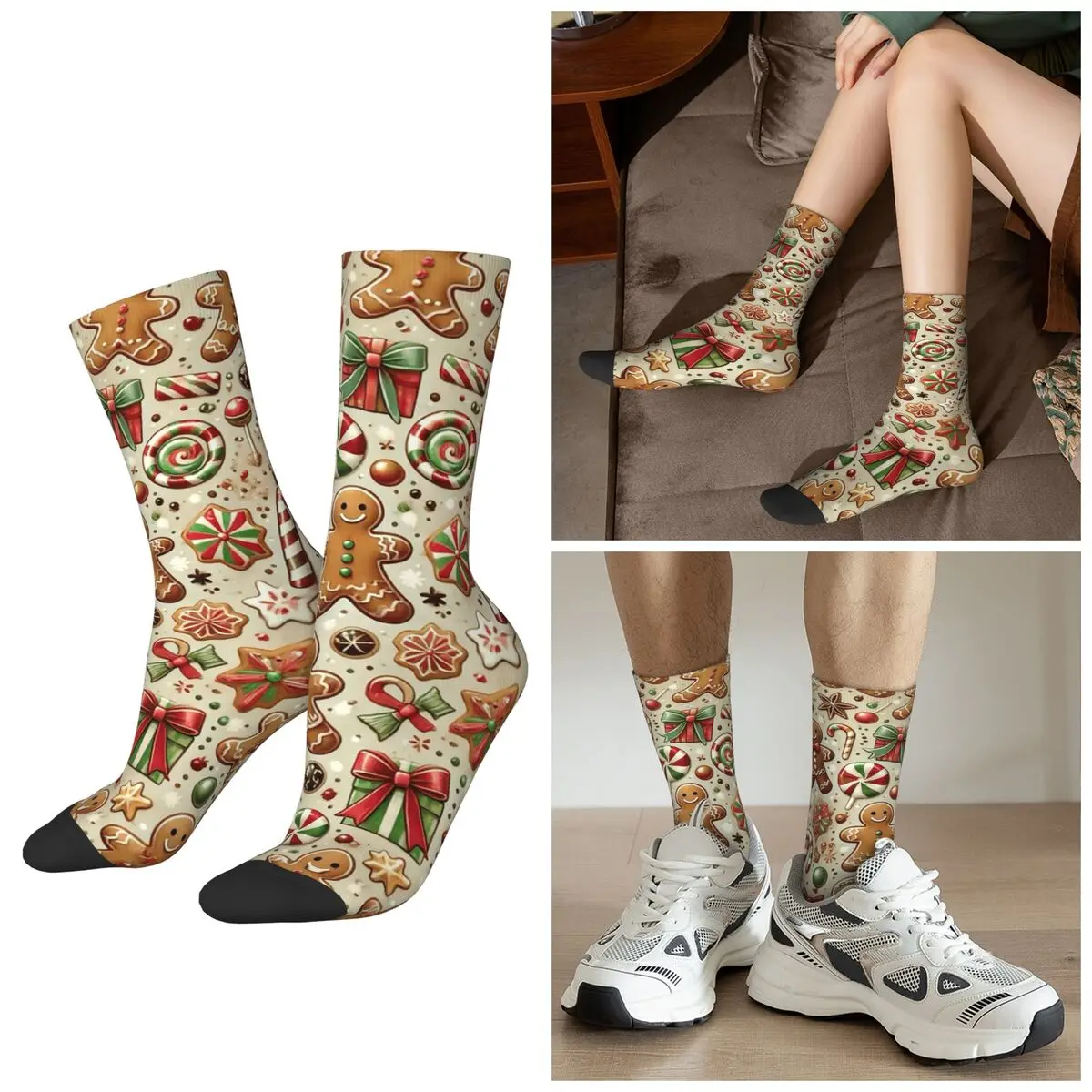 

All Seasons Christmas Gingerbread Man Candy Socks Harajuku Sport Middle Tube Socks Hip Hop Stockings for Men Women Gifts
