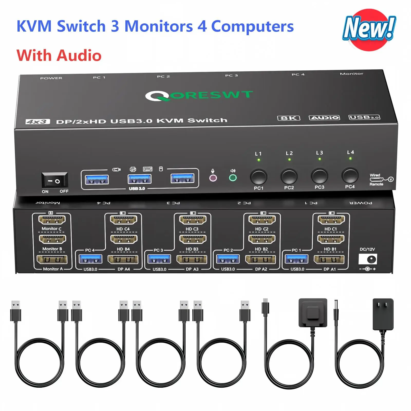 USB 3.0 KVM Switch 3 Monitors 4 Computers with Audio,HDMI DisplayPort Triple Monitor KVM Switcher 4 PC,8K@60Hz/4K@60Hz/4K@144Hz