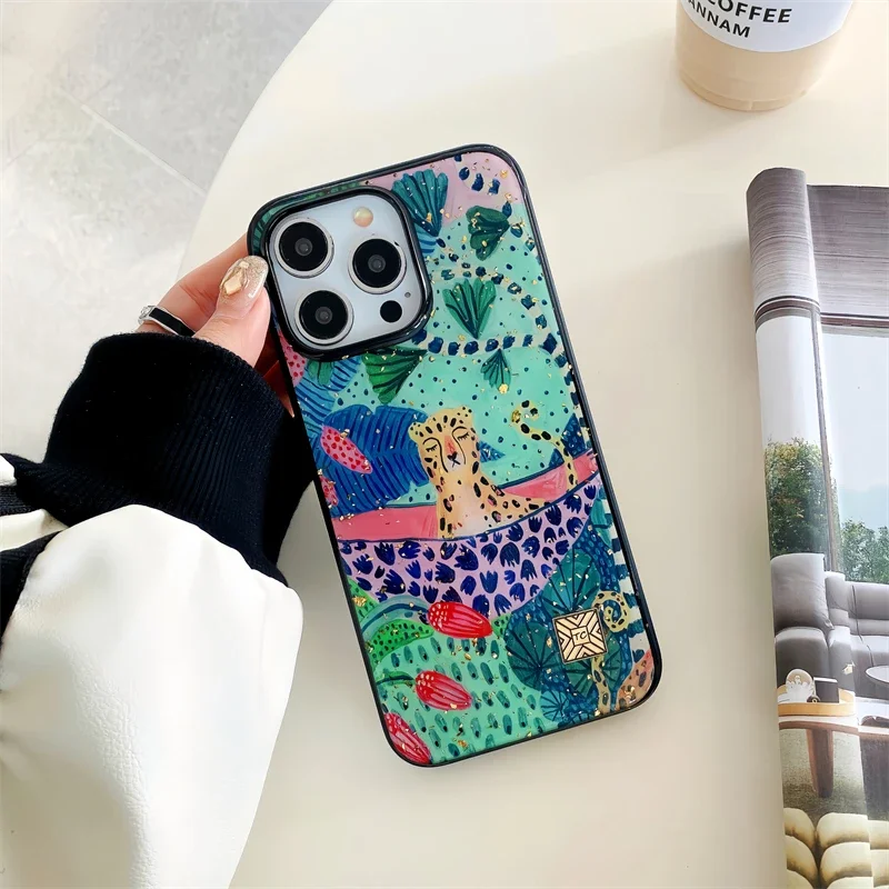 Chic Cute Cartoon Anime Sloth Leopard Silicone Phone Case For iPhone 16 15 14 13 12 11 Pro Max Plus Glitter Gold Foil Back Cover