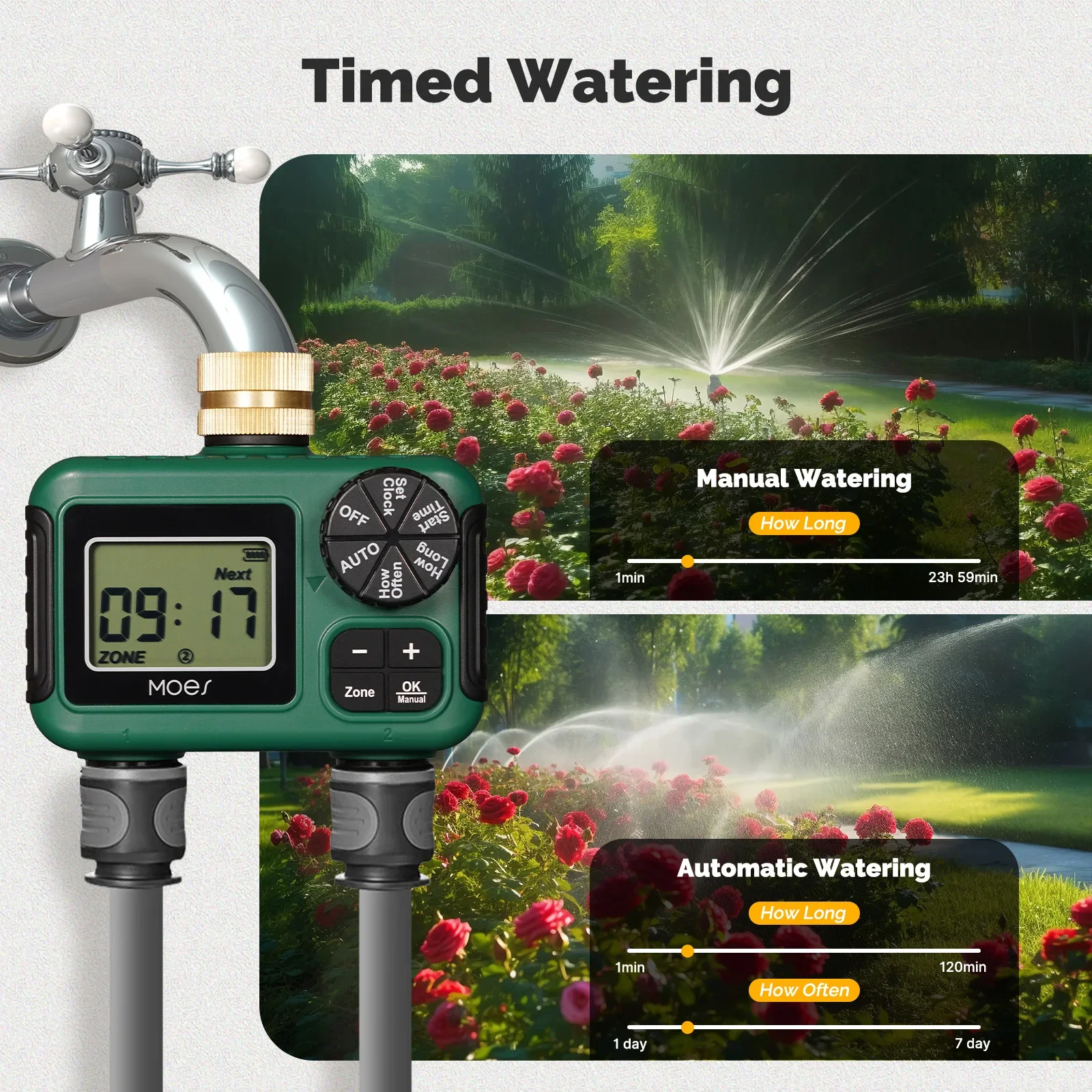 MOES 2-Outlet Water Timer Brass Inlet IPX5 Waterproof Rotary Knob LCD Display Rain Delay Child Lock Garden Irrigation