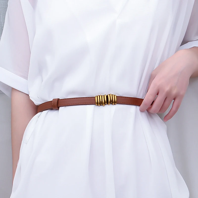 Thin Retro Gold Buckle Adjustable Women Belts Pu Leather Fashion Wild Skinny Waistbands Dress Jeans Pants Decorative Straps