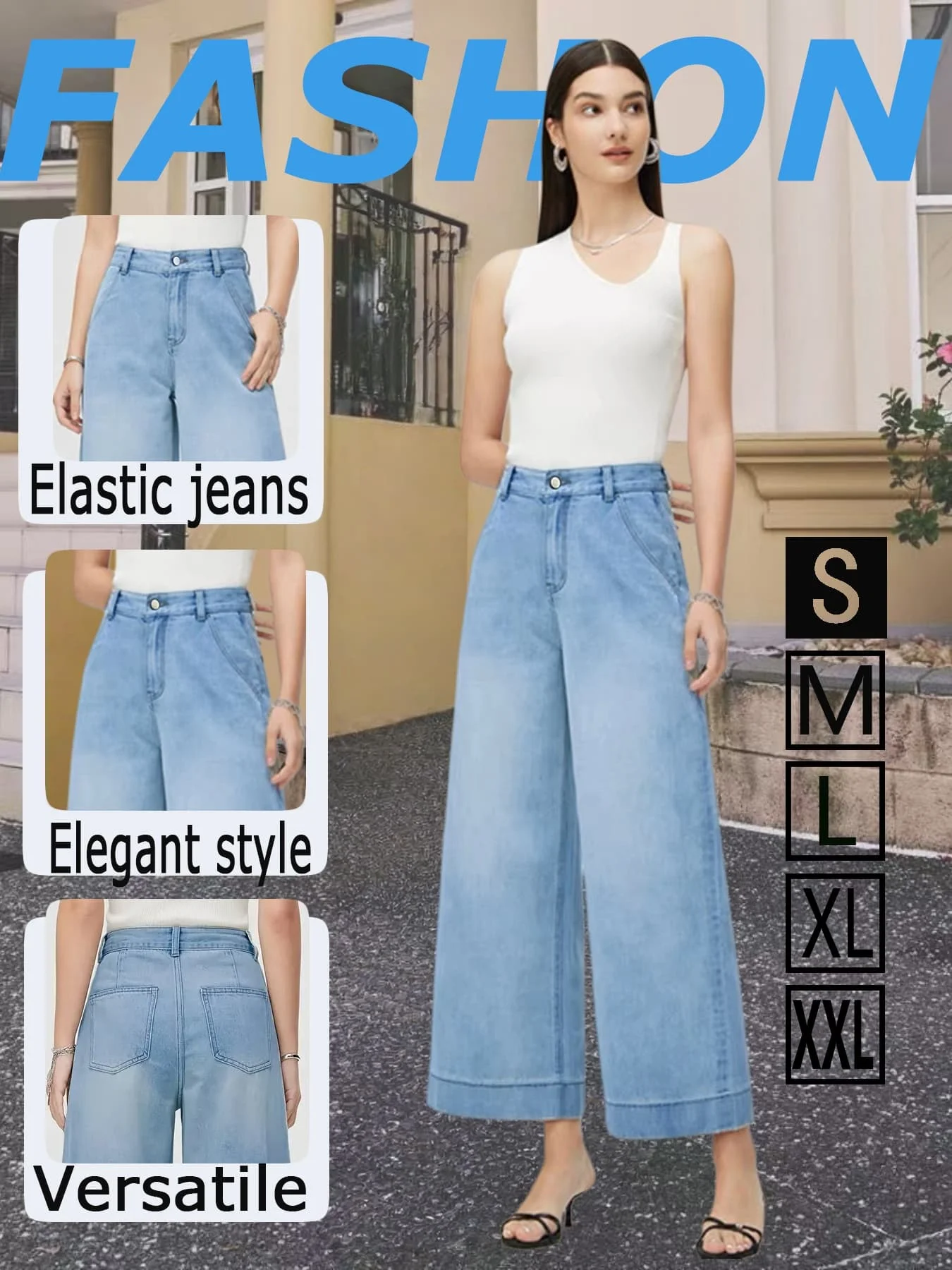 Light Blue Wide Leg High Waist Cuffed Draping Loose Slim Simple Commuter Women's Jeans