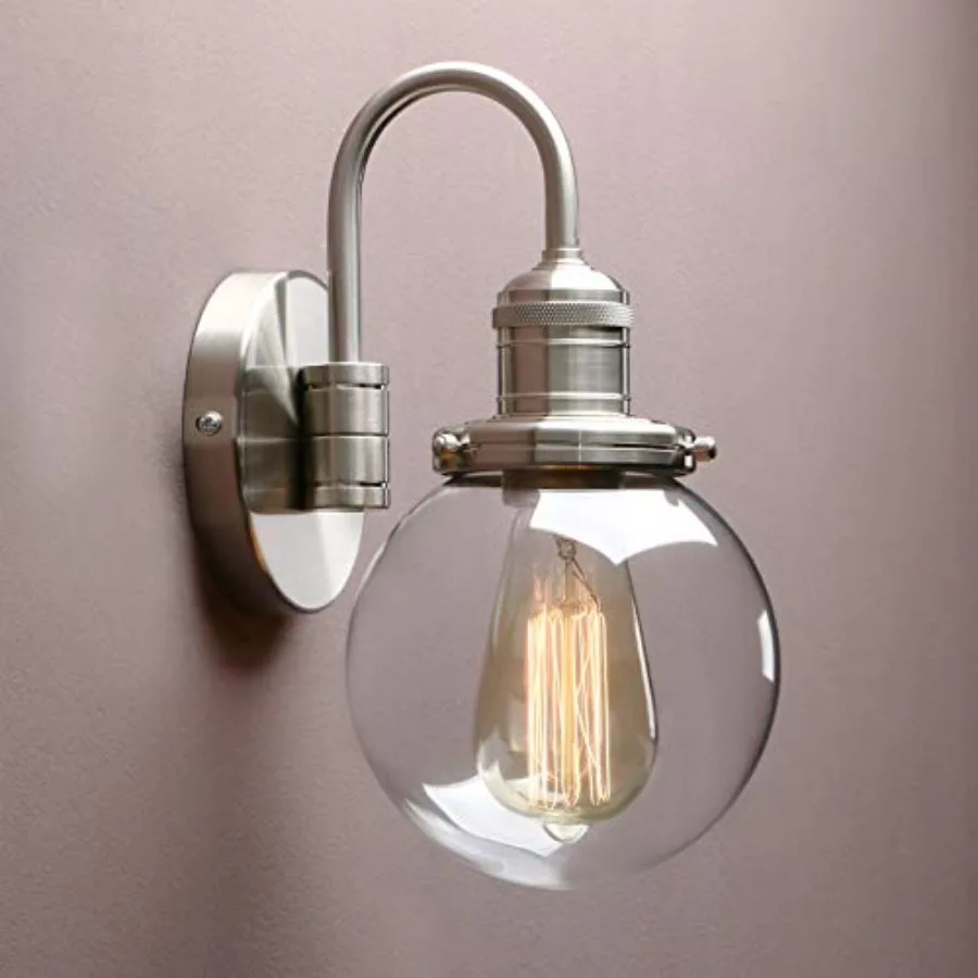 

1-Light Vintage Industrial Fixture Light 5.9'' Round Globe Clear Glass Shade with Elegant Curved Rod Hardwired Wall Sconce for