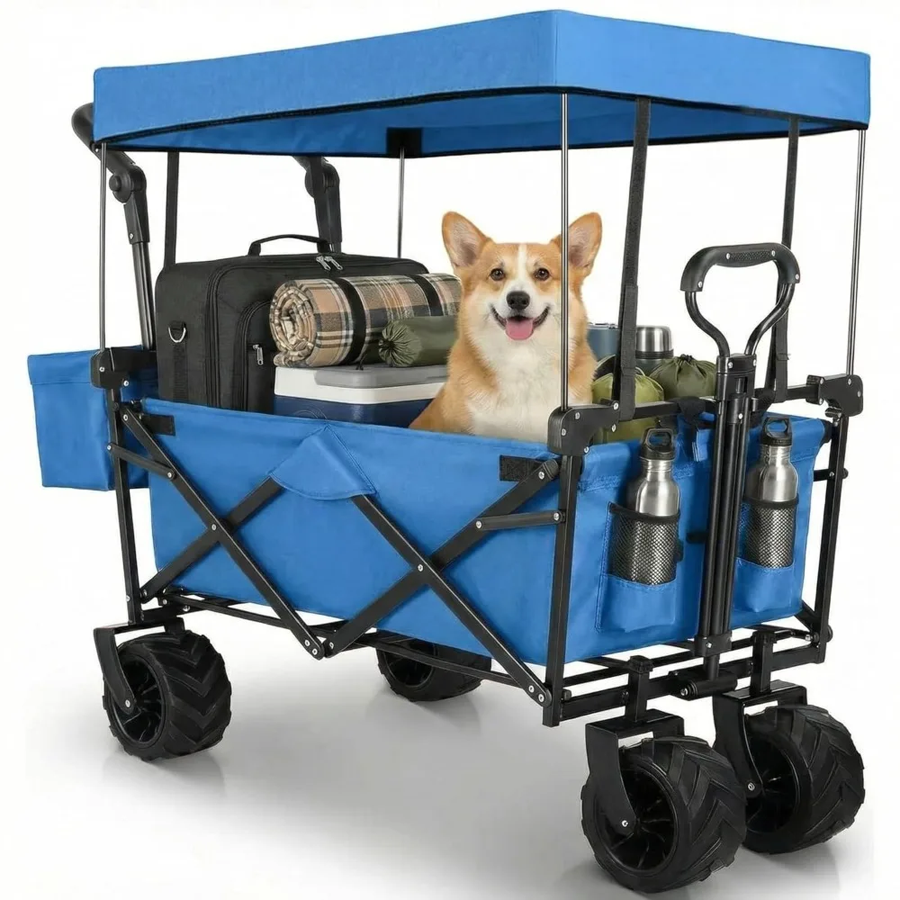 

Extra Large Collapsible Wagon w/Removable Canopy, 250LBS/262L Heavy Duty Foldable Trailer w/ 7“ All-Terrain Wheels, Customized