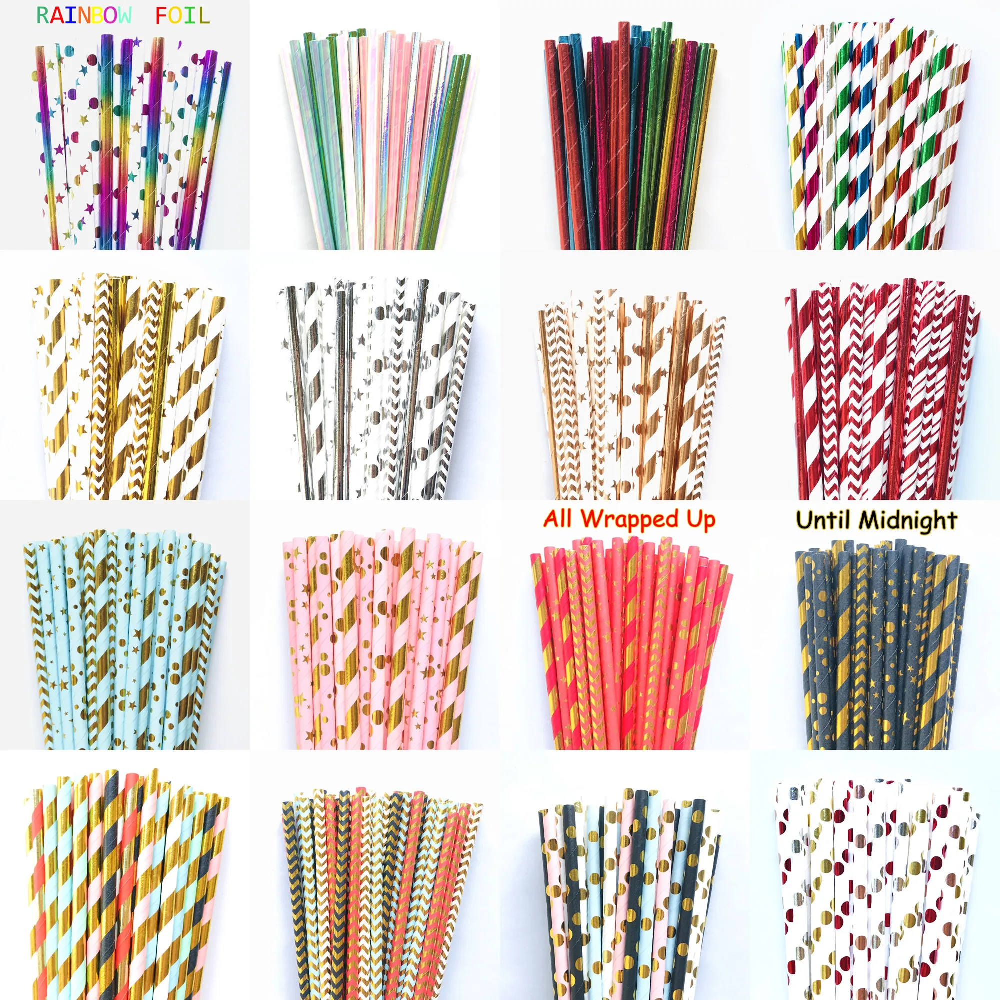 100 Pcs/Box Metallic Foil Party Paper Straws,Rose Gold Silver Red Blue Pink Green Black Rainbow Colorful Iridescent Solid Stripe