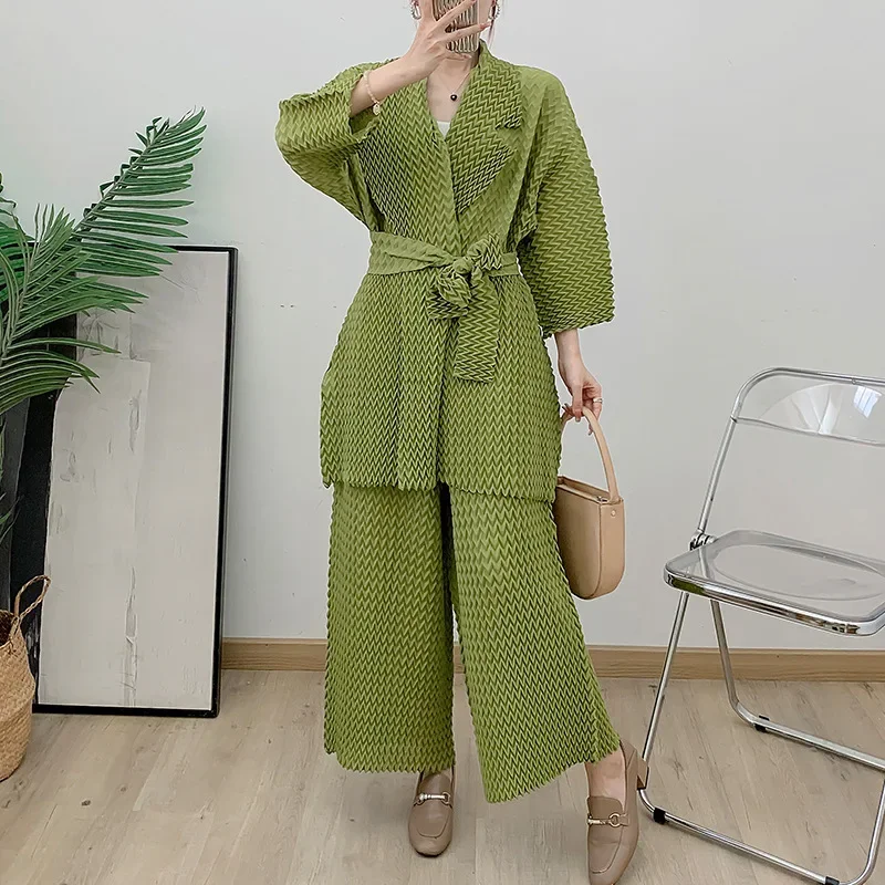 MIA XU Miyake Pleats Pleated Set Handmade Lace-up Top+Casual Wide Leg Pants Set Bean Green Loose Casual Women Clothing