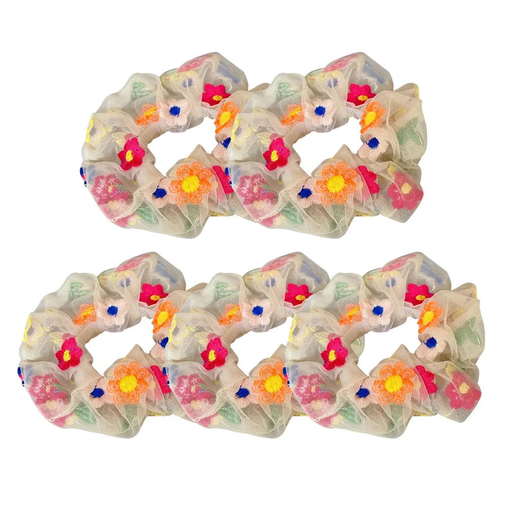 

5pcs Embroidered Ponytail Holders Elastic Mesh Bands Stretchy Durable Accessories For Women Christmas Party Daily Wear Scrunchy