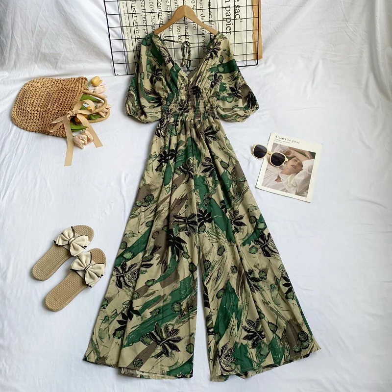 2023년 여름 빈티지 V넥 프린트 버블 소매 하이웨이스트 와이드 레그 점프수트 롱 팬츠 벨트 캐주얼 패션 여성...