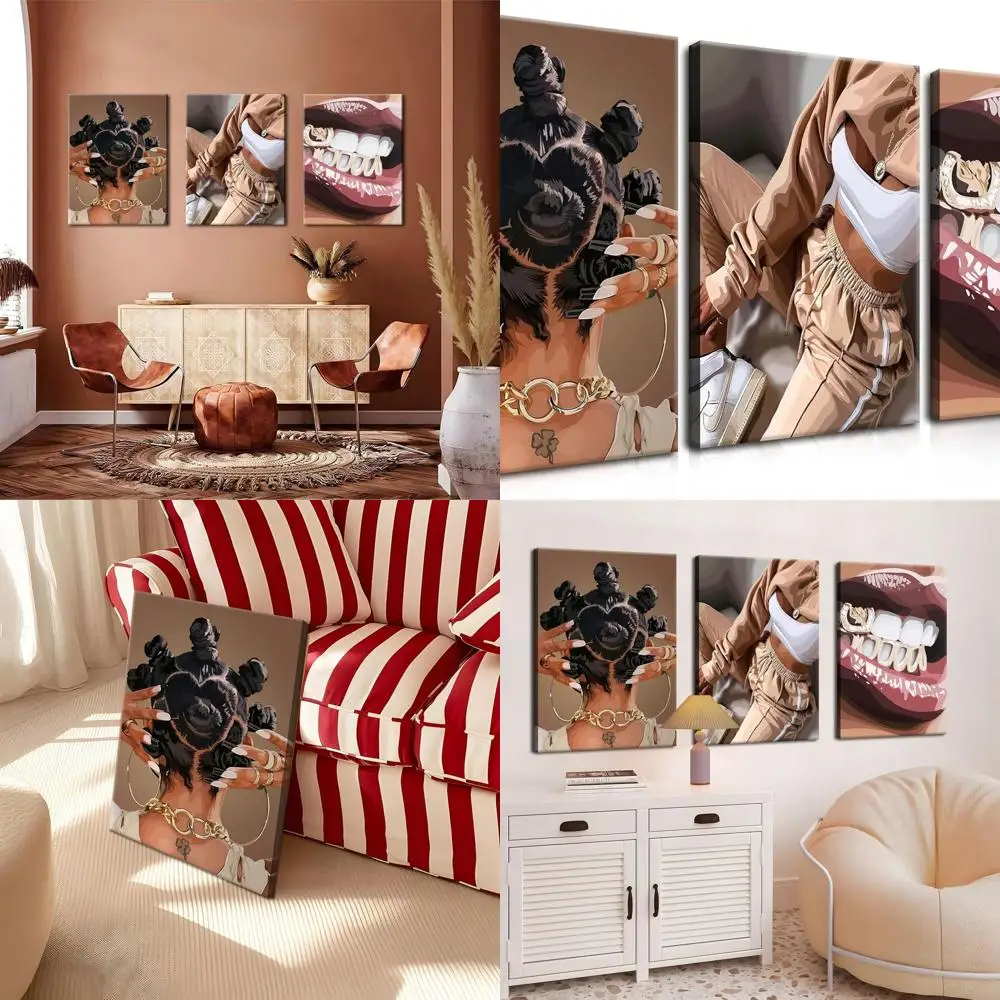 

Черное женское искусство в рамке из 3 предметов для спальни — холст в афроамериканском стиле, 16x24 дюйма