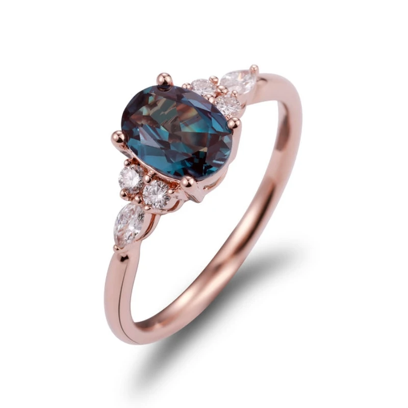 

14K Rose Gold Oval Cut Lab Grown Alexandrite Engagement Ring Light-Changeable Lab Alexandrit Wedding Rings Fine Jewelry GRM