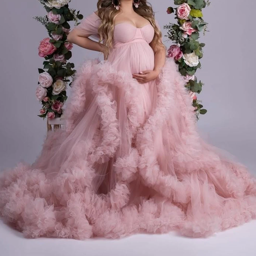 

Tiered Ruffles Maternity Prom Dresses Puffy Tulle Robes Pregnant Women Gowns Front Split Wedding Bridal Sleepwear Photography