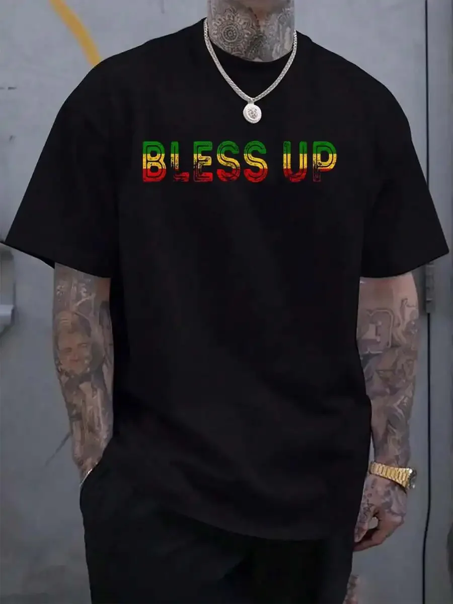 100% Cotton Reggae Bless Up Reggae Music Lover Rastafarian Jamaica T-Shirt Men's Black Vacation Crew Neck Short Sleeve Holiday T