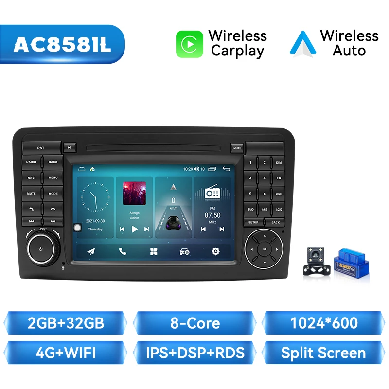 8G + 128G Draadloze Carplay Android 14 Autoradio Multimedia Voor Benz Ml 320/350/W164(2005-2012) Gl Dsp Navigatie 4G Wifi Head Unit