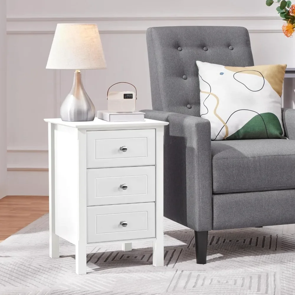 

Nightstand Set of 2 - 3-Drawer Wooden Bedside Tables with Solid Wood Legs, White Storage Cabinet for Bedroom & Office