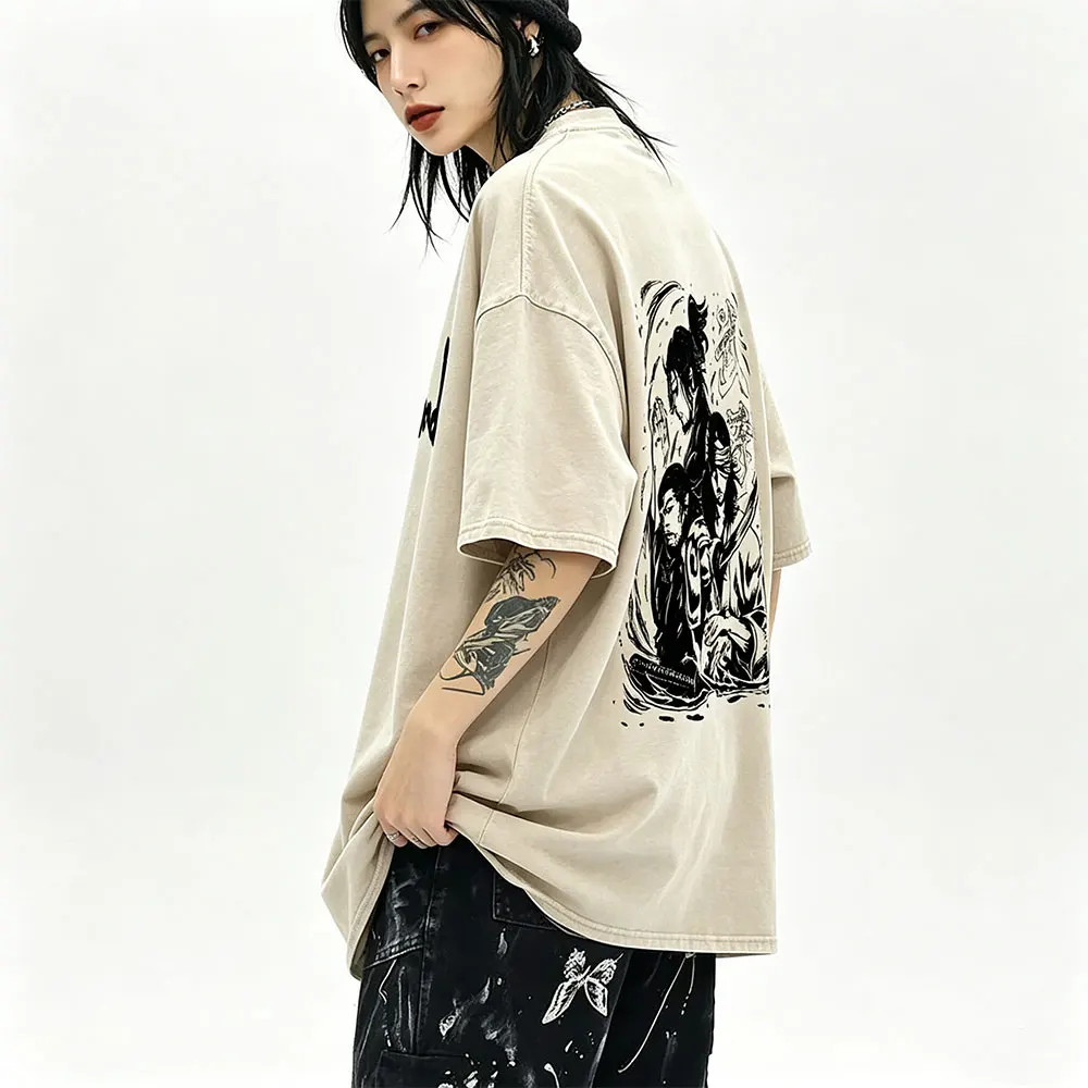 Hot Sale Anime Vagabond Miyamoto Musashi Vintage Washed T-shirt Men Retro Cotton Oversized T Shirt Male Manga Gothic T-shirts