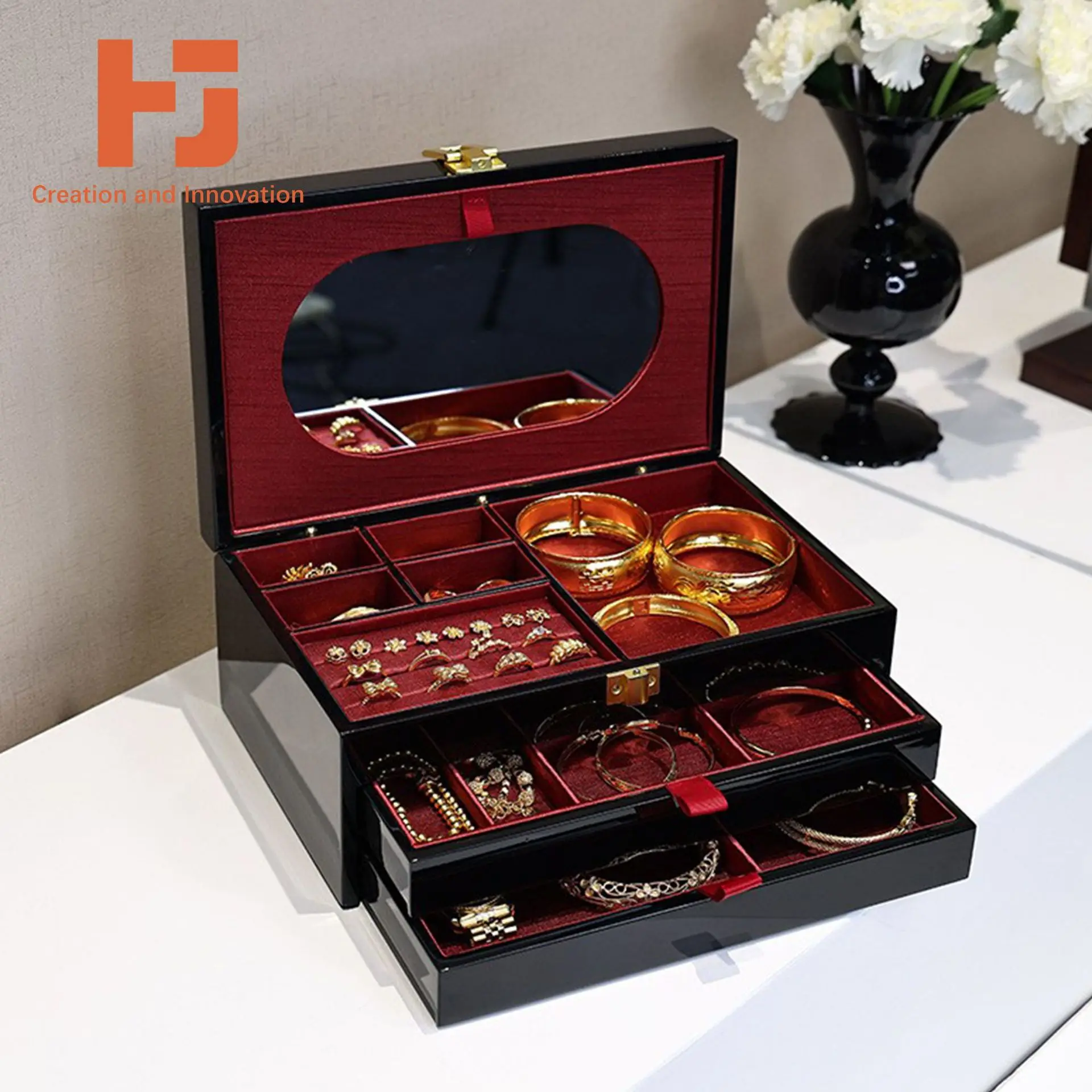 YFY Jewelry Box Jewelry Display Necklace Ring Gold Jewelry Packaging Box Wedding Engagement Three Gold Wooden Box