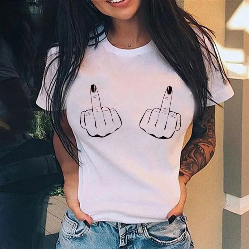 

Middle Finger Print T Shirt Women Harajuku Tshirt Short Sleeve Streetwear Ladies Graphic Summer Female T-shirt