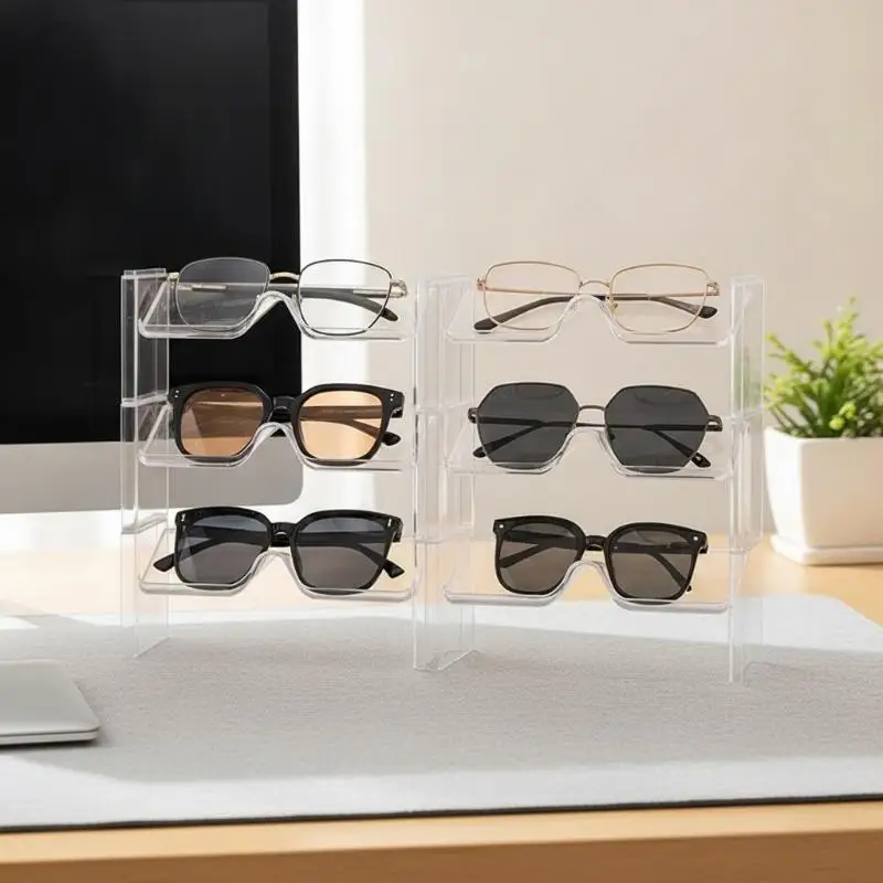 2 Pack Non-Slip Glasses Storage Rack Stackable Desktop Sunglasses Display Stand for Bedroom Countertop