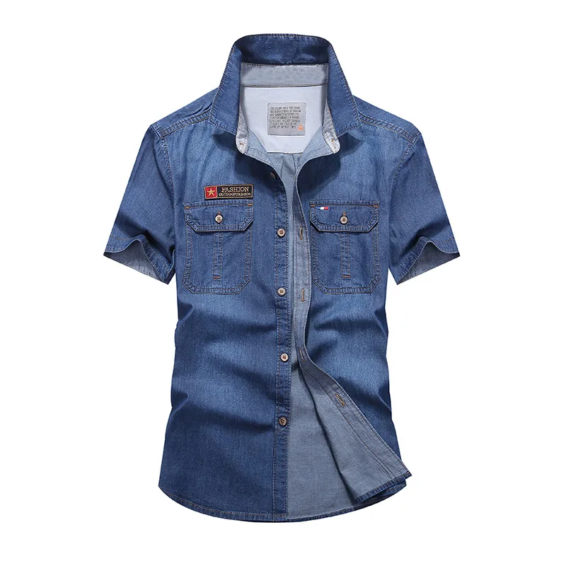 New Summer Men Short Sleeved Denim Shirts High Quality Male Cotton Multi pockets Cargo Shirts Man Fashion Casual Jeans Shirts 4X