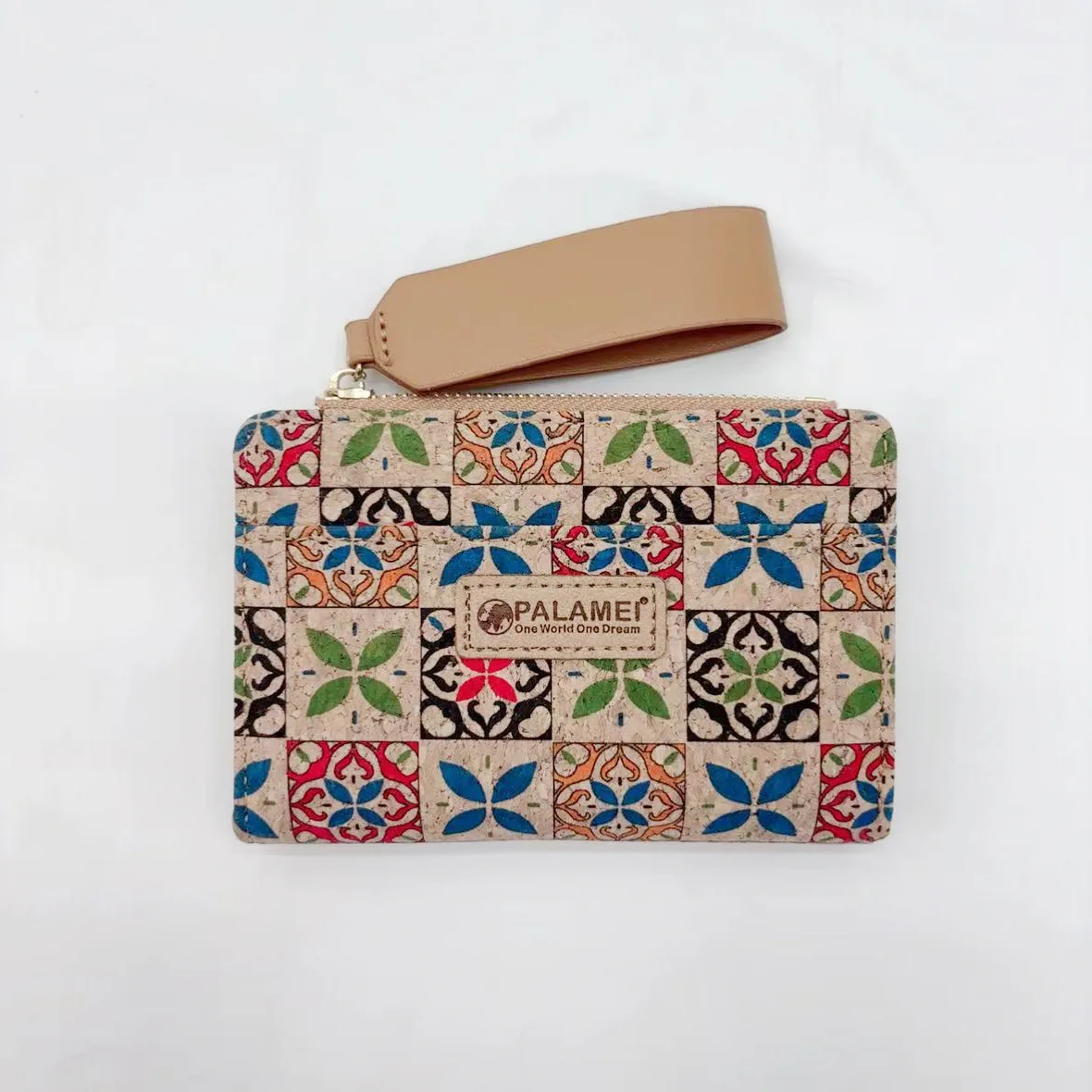 8pcs-card-holder-cork-leather-colorful-grid-floral-printing-thin-zipper-short-wallet-with-wrist