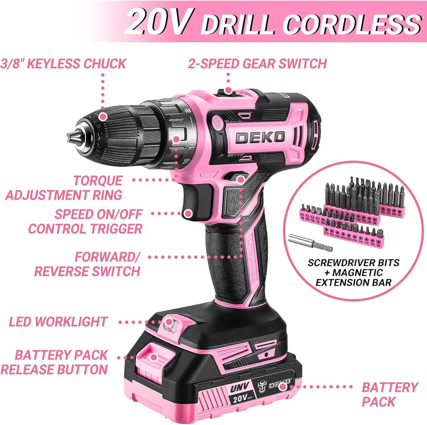Pink Cordless Drill Kit: 20V Electric Tool Set with Battery & Storage Box