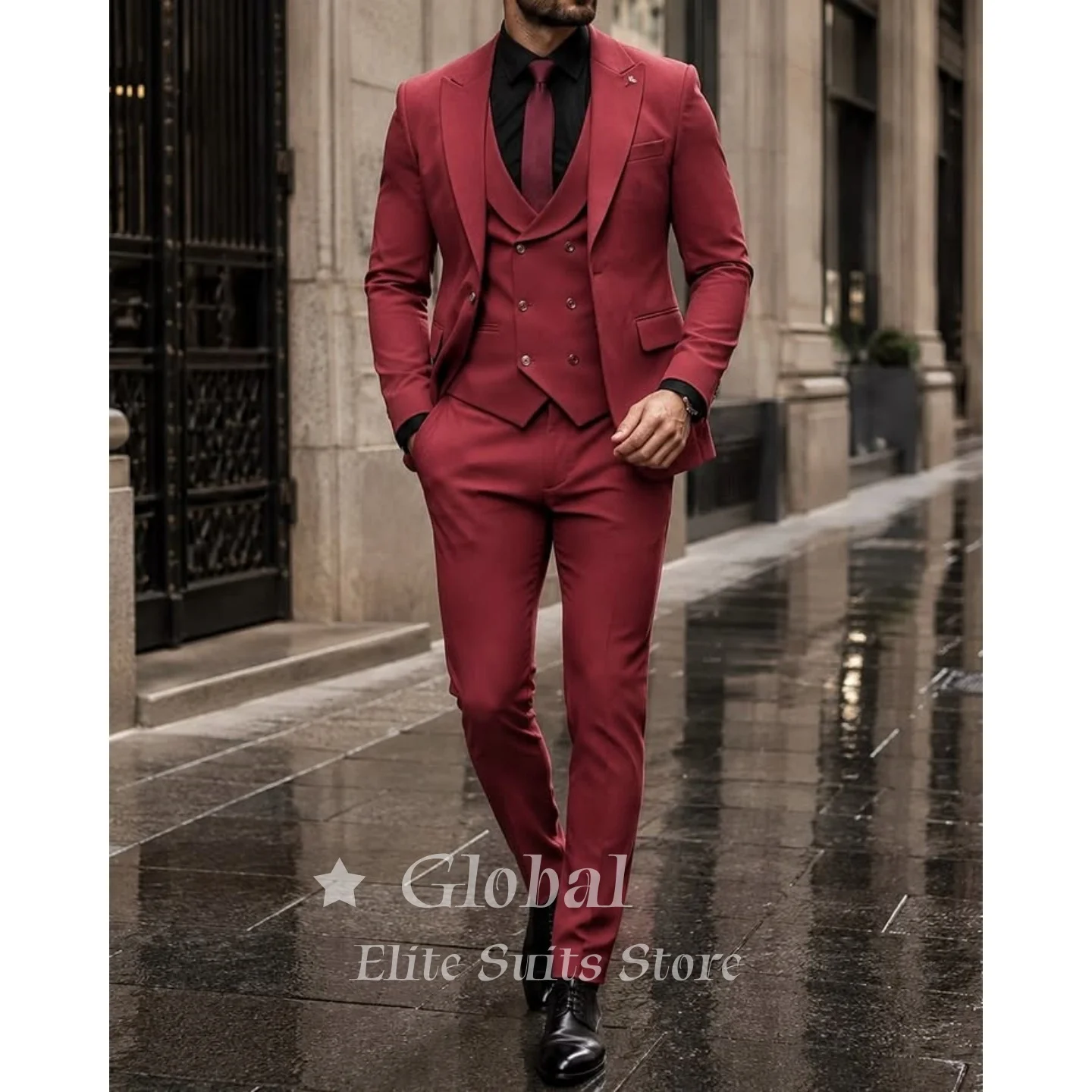 Casual Mens Red 3 Piece Suit Slim Fit Peak Lapel Blazer Vest And Pants Office Business Formal Wedding Suits Male Customized
