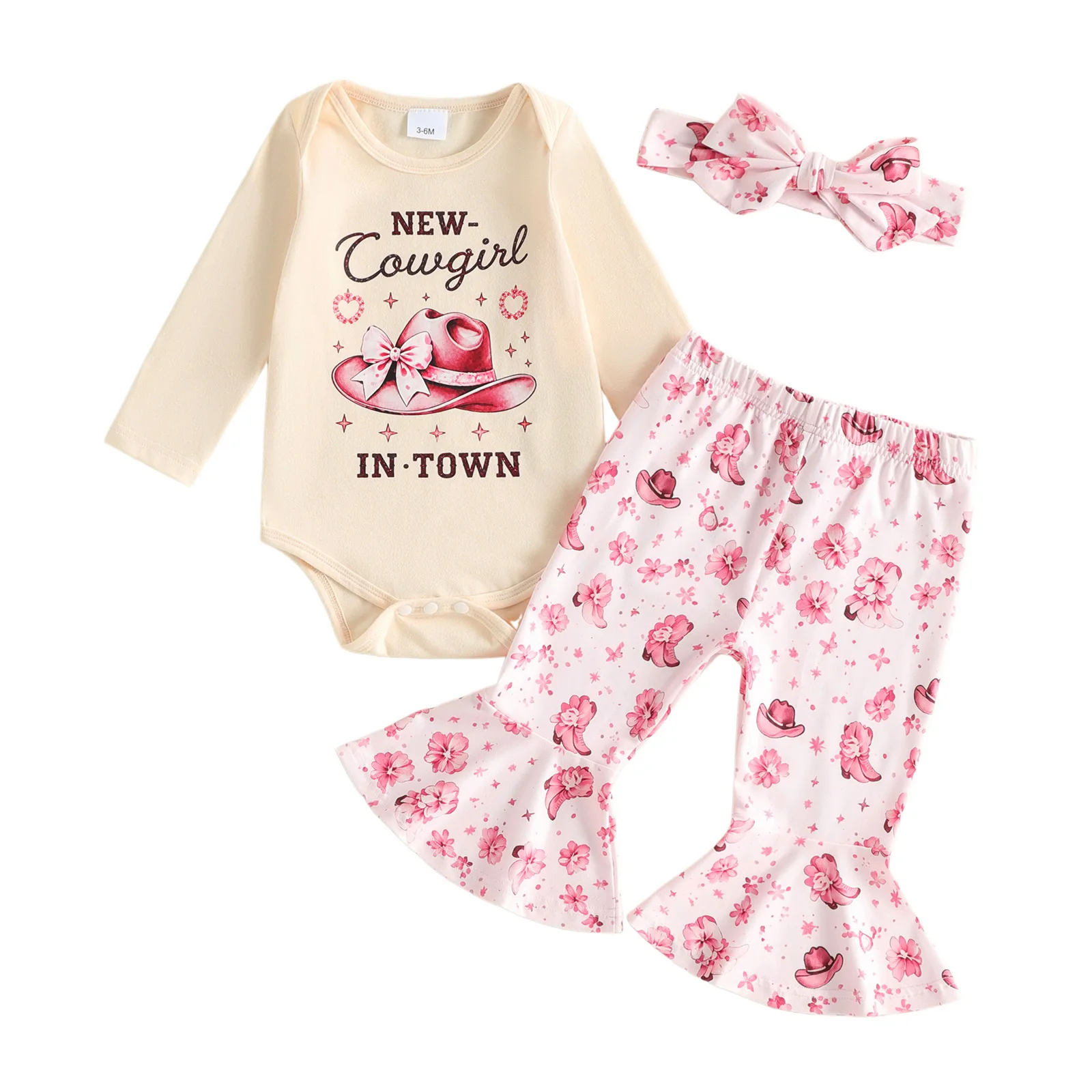 Baby Girl Western Outfits Long Sleeve Romper Print Flare Pants Bow Headband