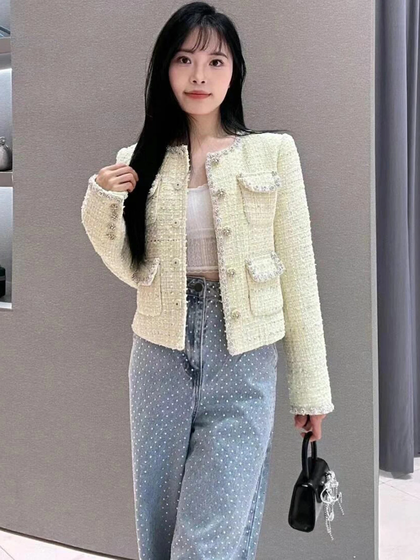 Haut de gamme hiver femmes diamant embelli Tweed ouvert Cardigan manteau Ele trajet Sle ort vêtements d'extérieur pour dames