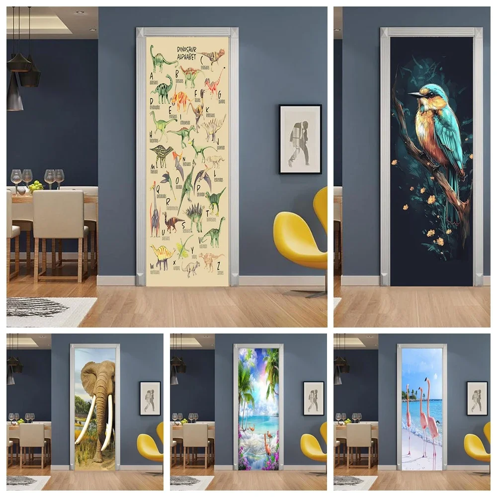 

3D Removable Animal Print Door Sticker Vinyl Decal Dinosaur Flamingo Birds Door Poster Cover for Bedroom Living Room Decor