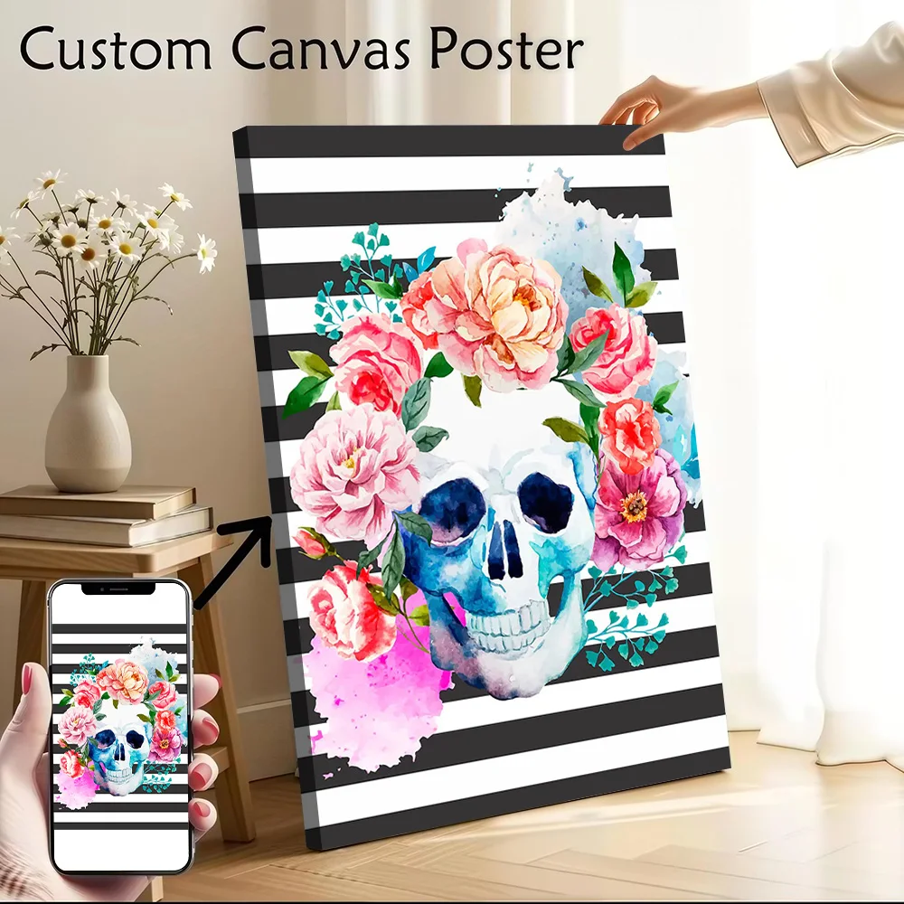 Floral Skull Stripes Printed Canvas Poster Custom Pictures Wall Art Canvas Painting for Modern Home Decoration Ornaments Room