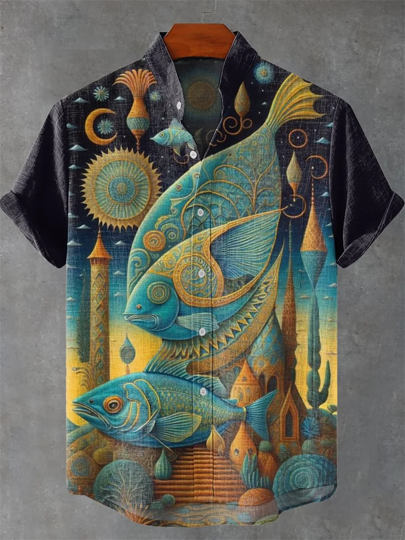 

Новая мужская рубашка из 80% льна с коротким рукавом, рубашка с короткими рукавами и карманами с 3D креветками, модная рубашка на пуговицах, топ