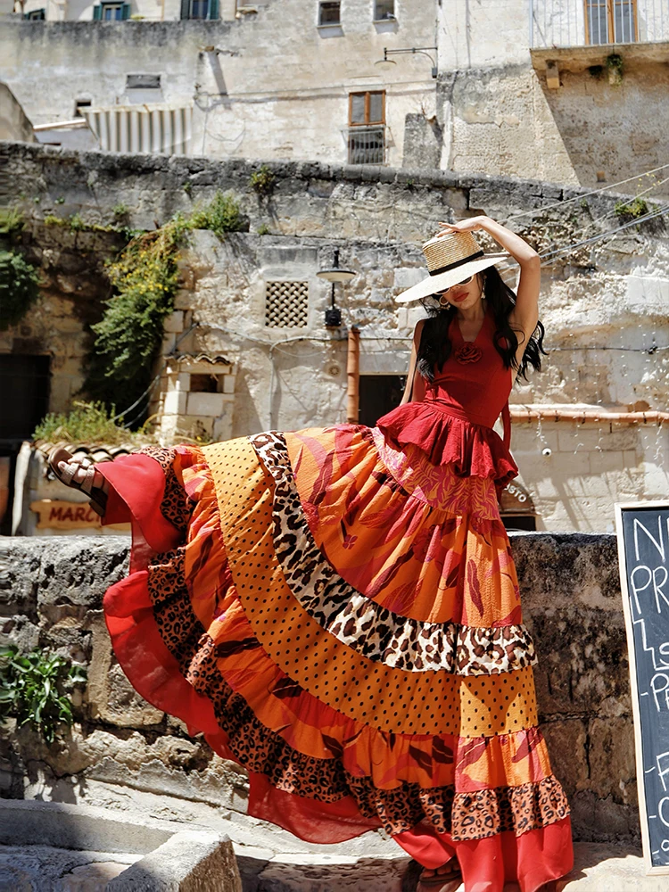 64-76 سنتيمتر الخصر الصيف البوهيمي عطلة تنانير طويلة النساء أنيقة الفرنسية ليوبارد طباعة المرقعة تكدرت كبير سوينغ عطلة تنورة #2