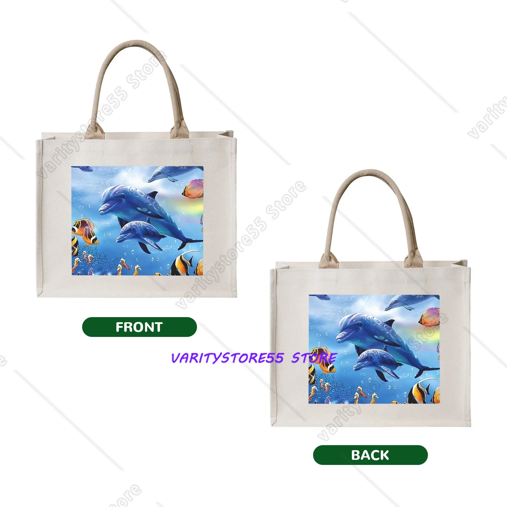 Cute Printed Sea Creature Dolphin Fish Tote Shopping Bag Portable Shoulder Shopper Ocean Animal Handbag