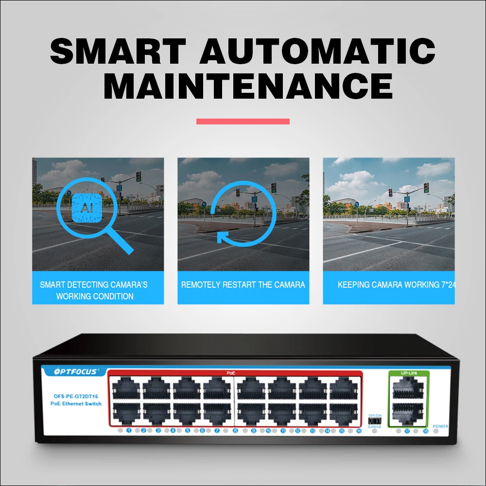 OPTFOCUS PoE 네트워크 스위치, 기가비트 허브 스위치, 16 포트 POE 스위치, 52V, 200W, 802.3AF AT, 10, 100, 1000Mbps