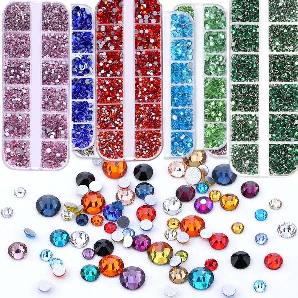 12Grids/bOX-1000Pc Christmas Luxury Nail Art Rhinestone 1.5/2/2.5/2.8/3/4mm Glitter Nail Diamond Flatback Round Manicure Crystal