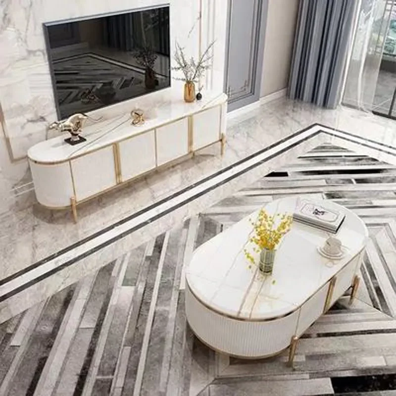 Hong Kong Style Light Luxury Marble Coffee Table and TV Cabinet Combo Post Modern Simple Design for Small Apartment Living