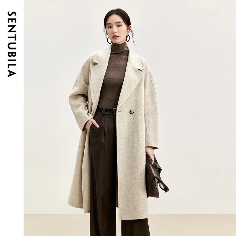 SENTUBILA Korean Style 100% Wool Coat For Women 2026 Simple Solid Color Double Sided Long Coat Pockets Winter Clothes W44O55961