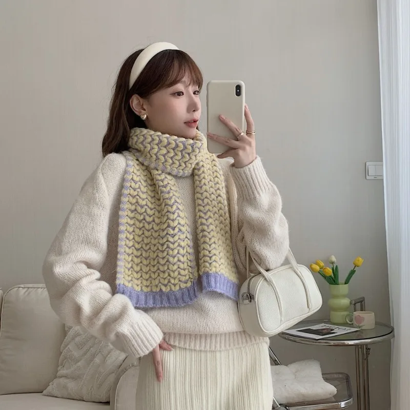 Autumn Winter Knitted Scarf Korean Fashion Vintage Casual Korean Fashion Shawl Lady Wrap Thick Warm Thick Shawl Wrap Scarves