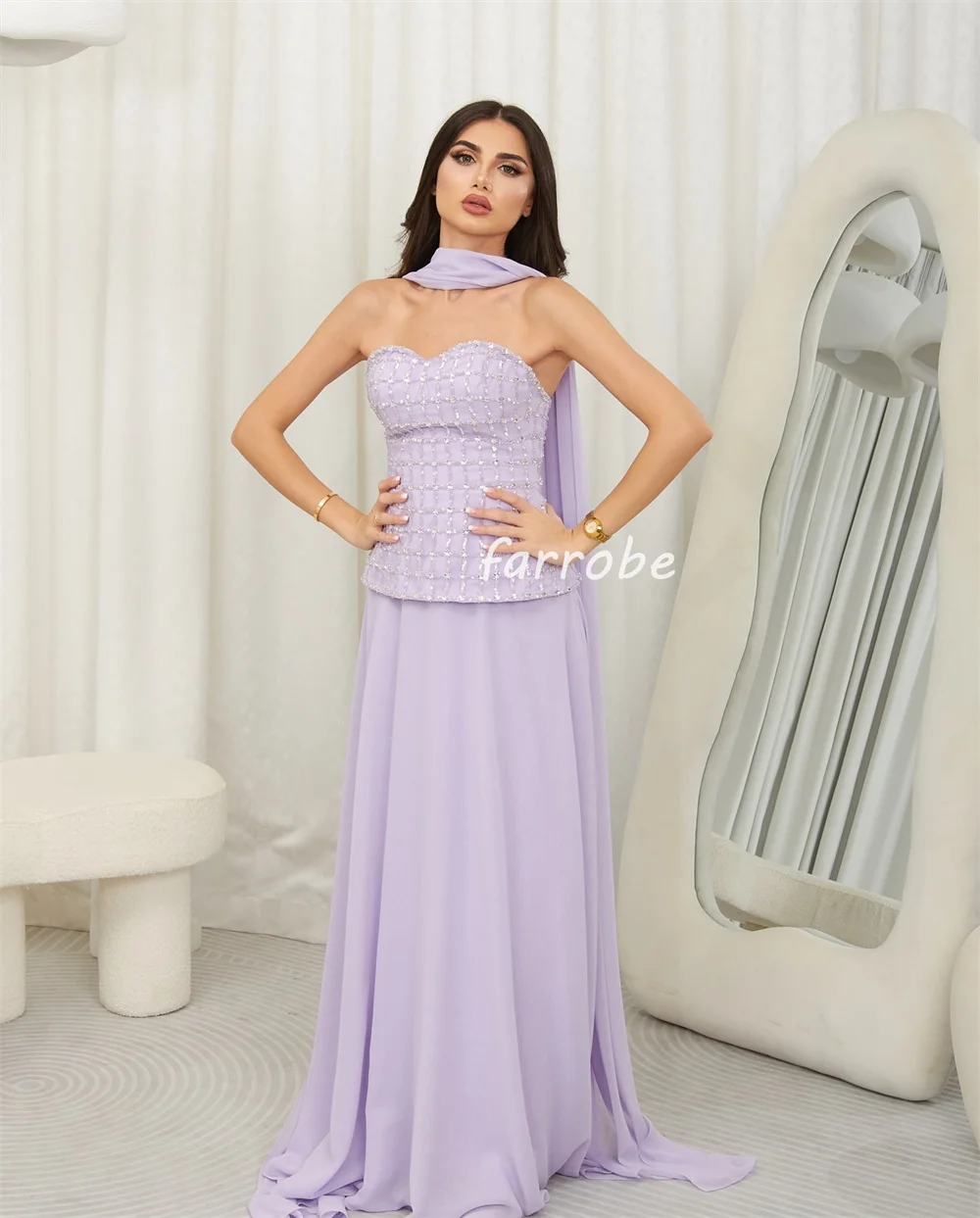 Personalizado requintado moda chiffon miçangas lantejoulas em linha reta sem alças vestidos longos sob medida vestidos de ocasião combinando formal