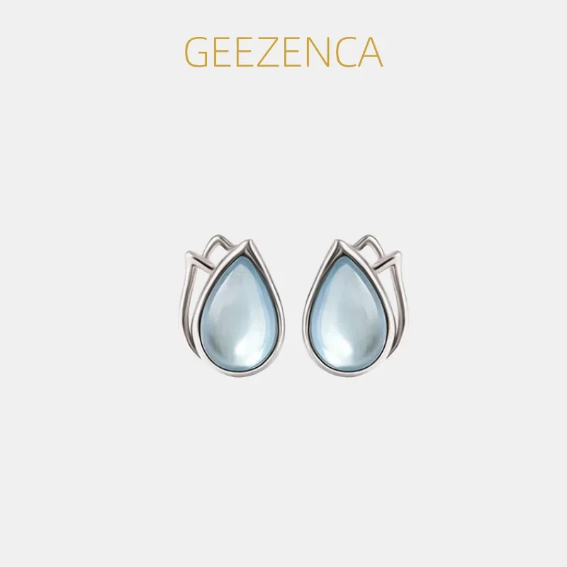 

GEEZENCA Aquamarine Pink Agate S925 Silver Tulip Flower Stud Earrings Women Dainty Small Flat Back Stack Statement Earring Gift